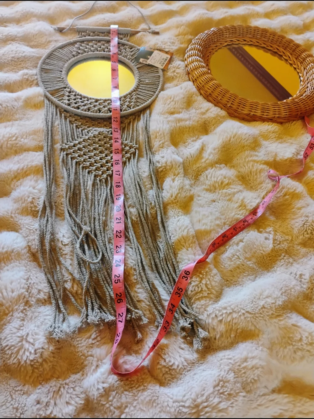 Vintage Beige Macramé Fringe Mirror and Natural Wicker Round Mirror